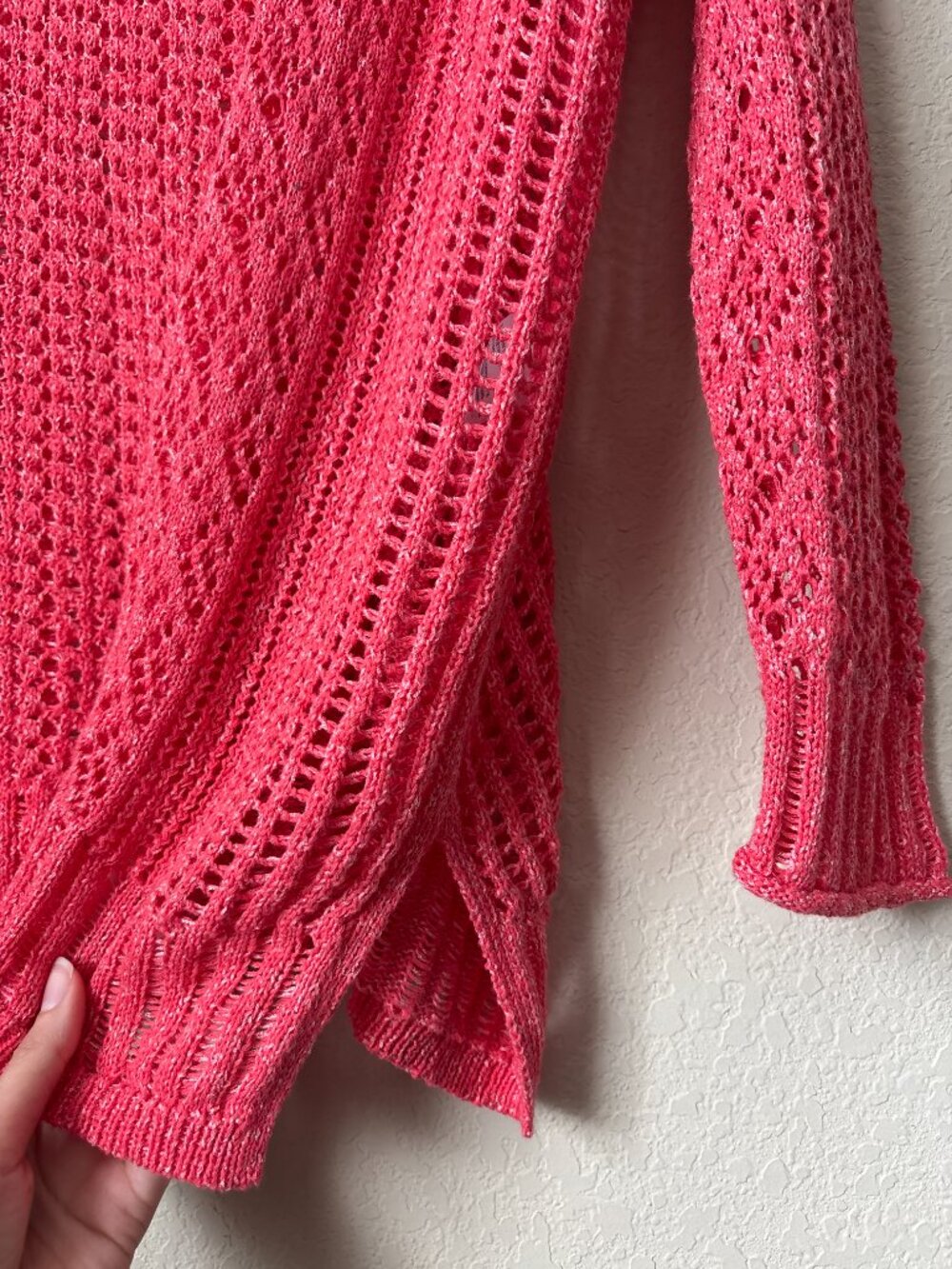 Chico’s Open Stitch Pullover Long Sleeve Lightweight Coral Pink Sweater - Picture 4 of 8